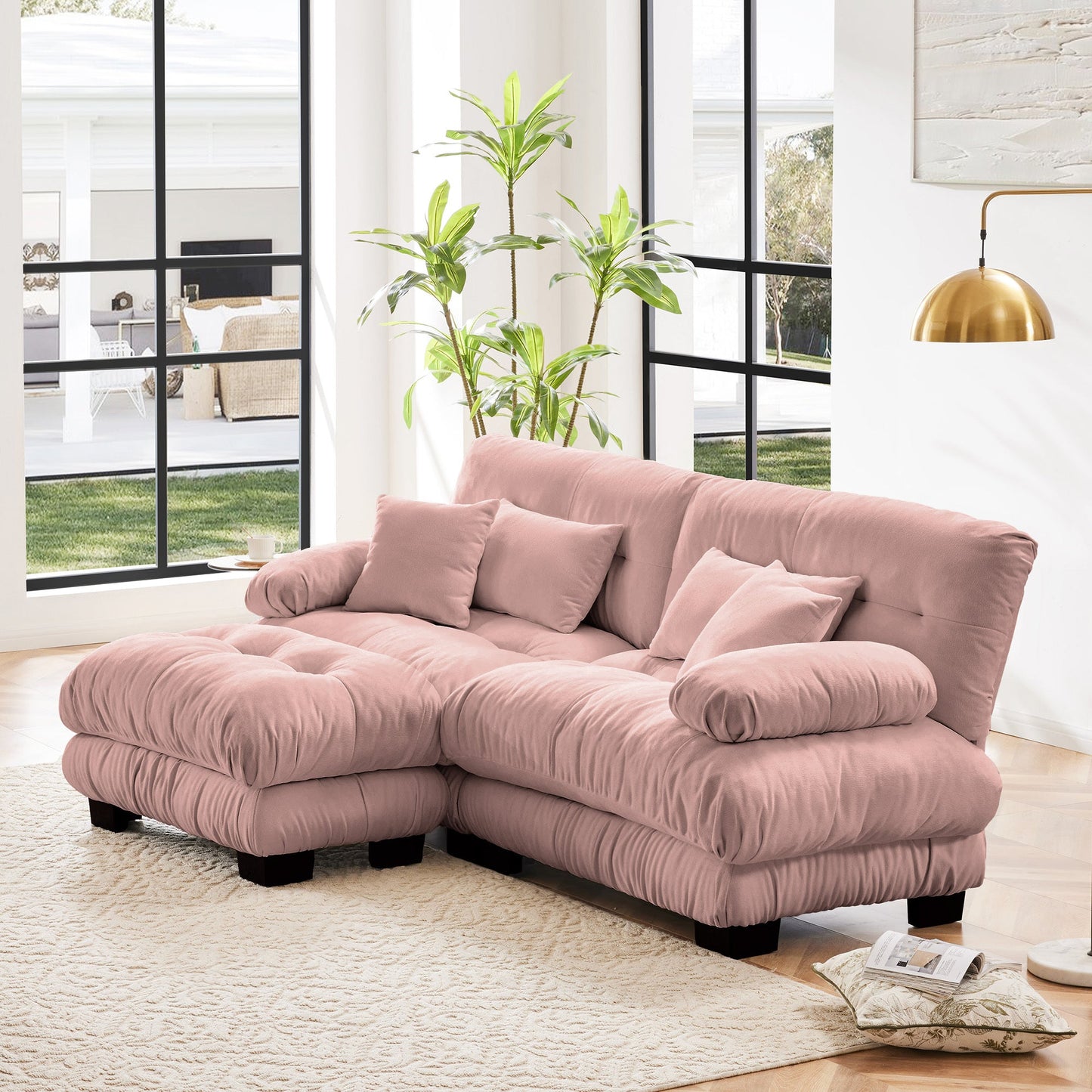 NEW Cloud Couch Sectional Sofa for Living Room, Chenille 2 Seater Sofa with 2 Lumbar pillows and 2 throw pillows , Upholstered Wide Arm Sofa with Convertible Ottoman,Chenille Pink