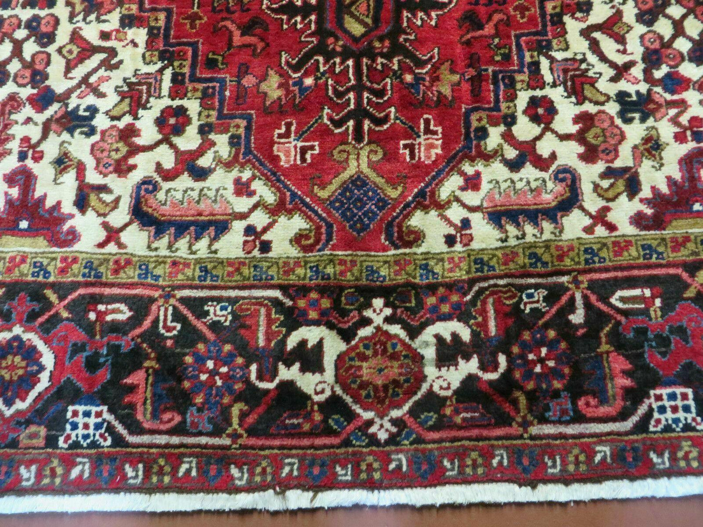 USED Wonderful Persian Heriz Rug 8.6 x 11, Geometric Heriz Carpet, Semi Antique Decorative Area Rug, Red Ivory Dark Blue Handmade Wool Room Sized