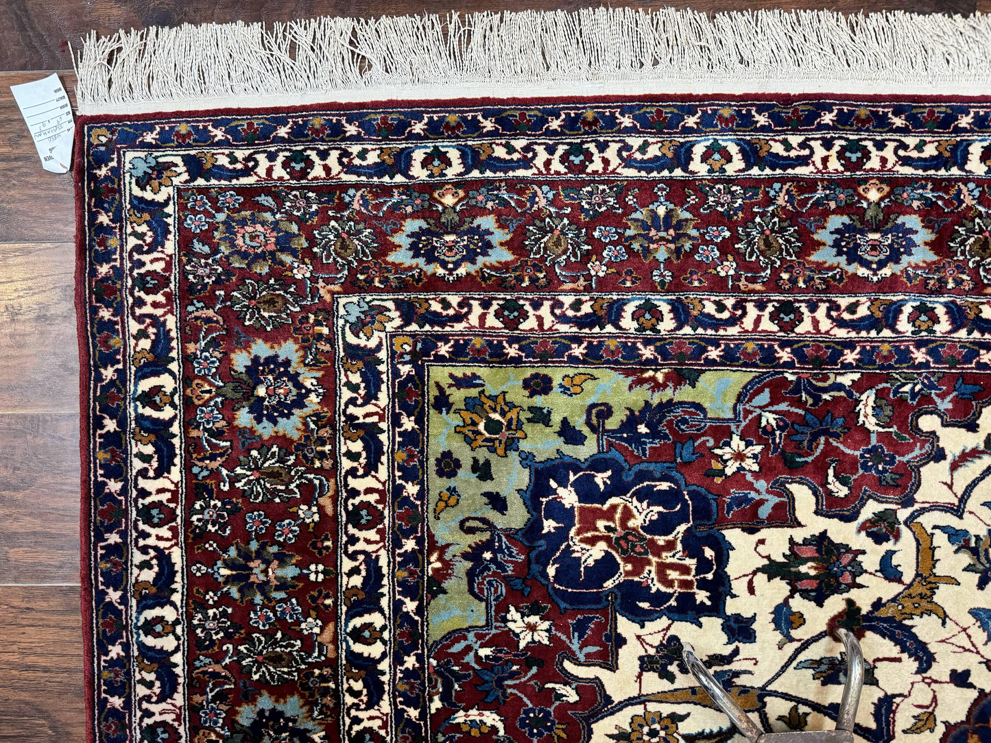 USED Wonderful Persian Isfahan Rug 7x9, Ivory Navy Blue Red, Floral Medallion, Very Finely Hand Knotted 260 KPSI, Handmade Wool Vintage Rug