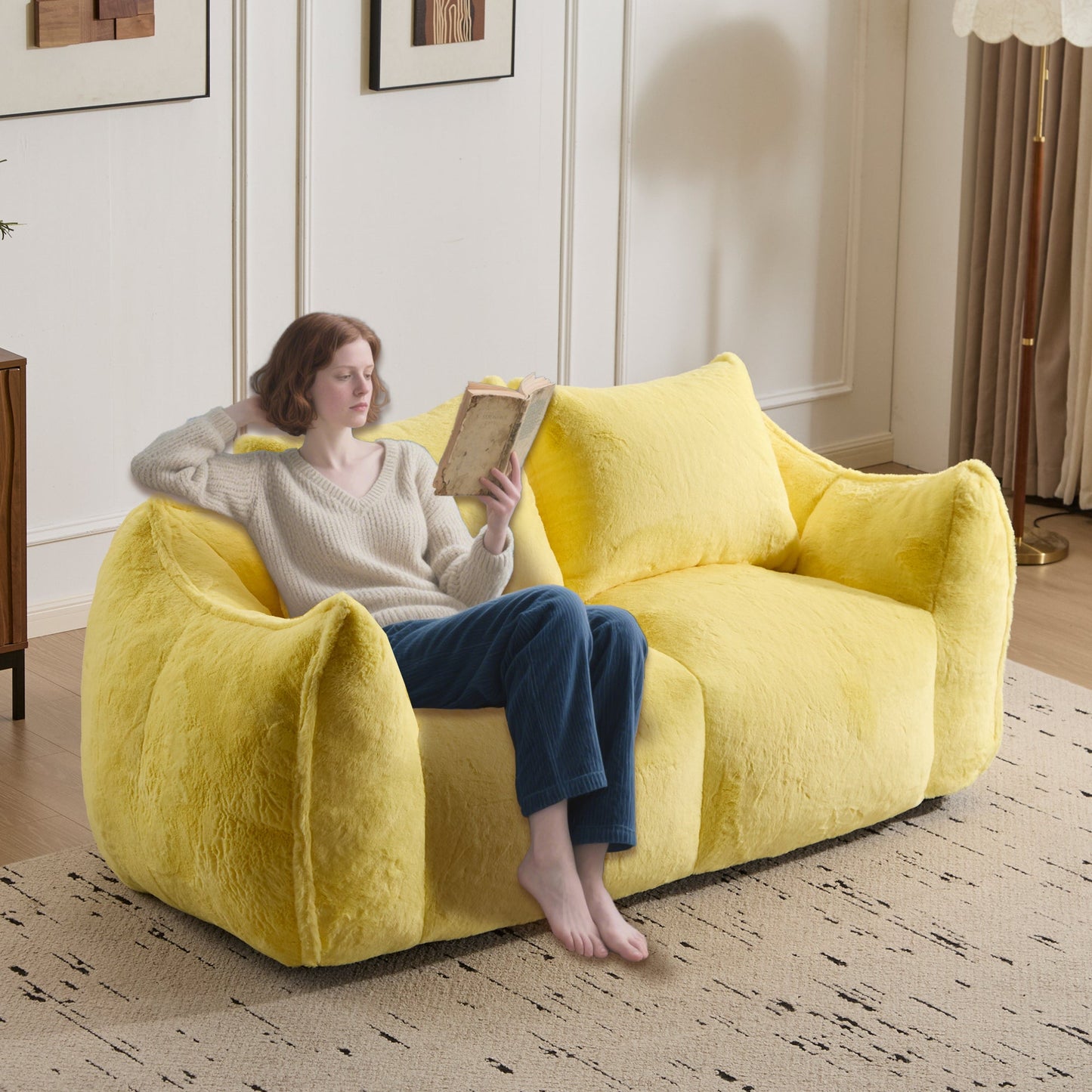 NEW Yellow Giant Bean Bag Couch Ultra Soft Fluffy Loveseat Bean Bag Sofa