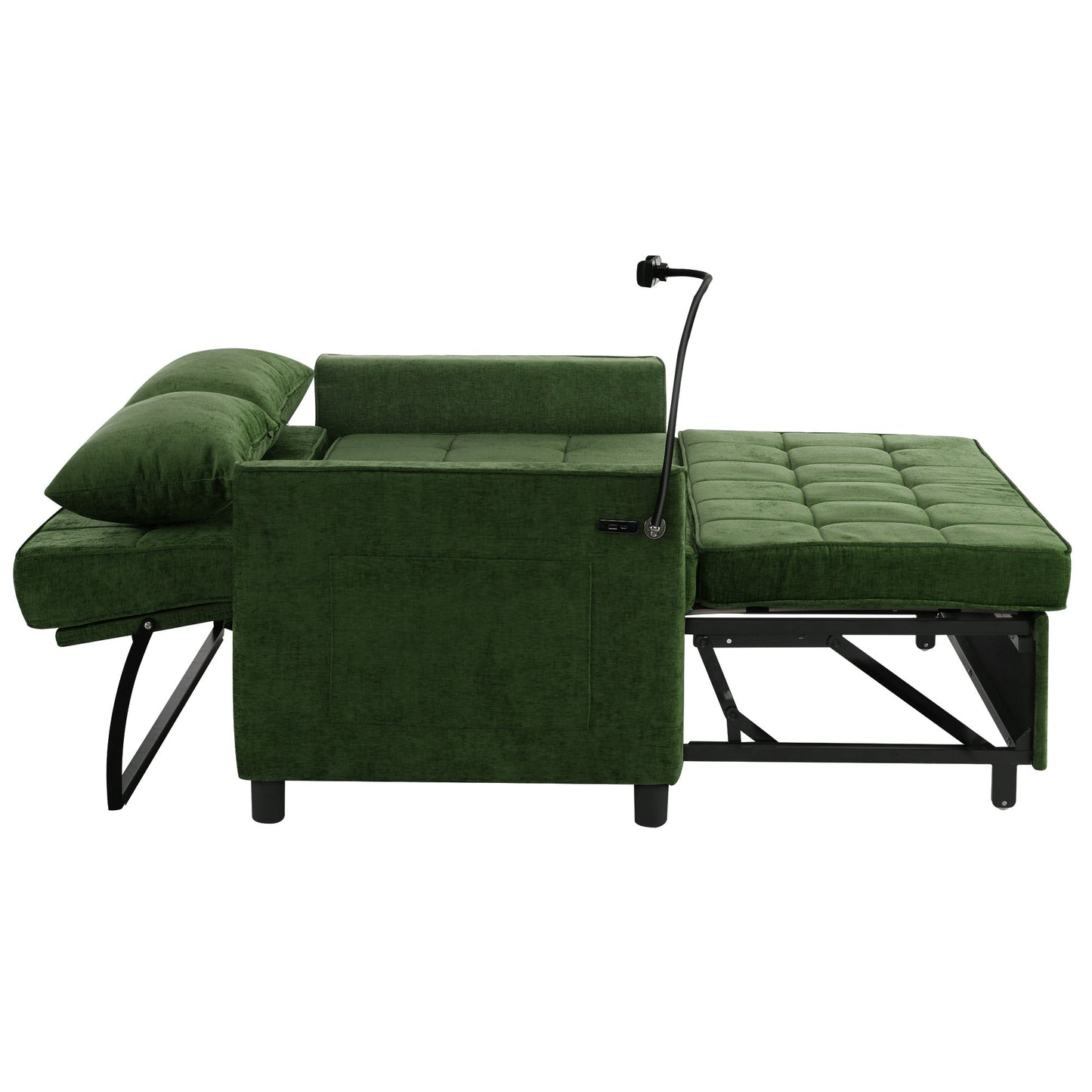 NEW 56.9' Convertible Loveseat Sofa Bed with Adjustable Backrest, USB Ports, Phone Holder, Side Pockets, Green Chenille,