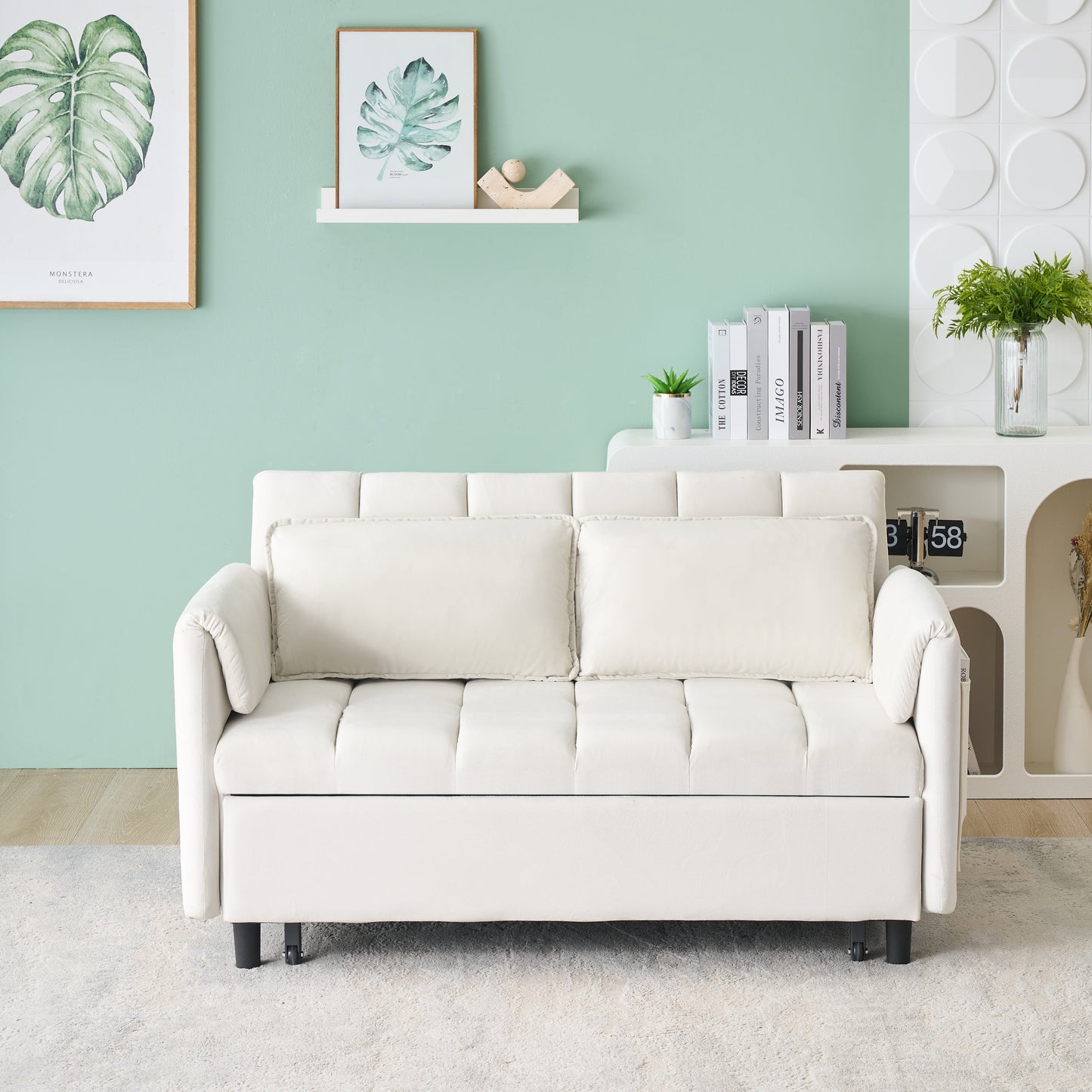 NEW 52 Beige Modern Velvet Sofa Pullout Bed Small Loveseat Casual Sofa with Pillow Pockets