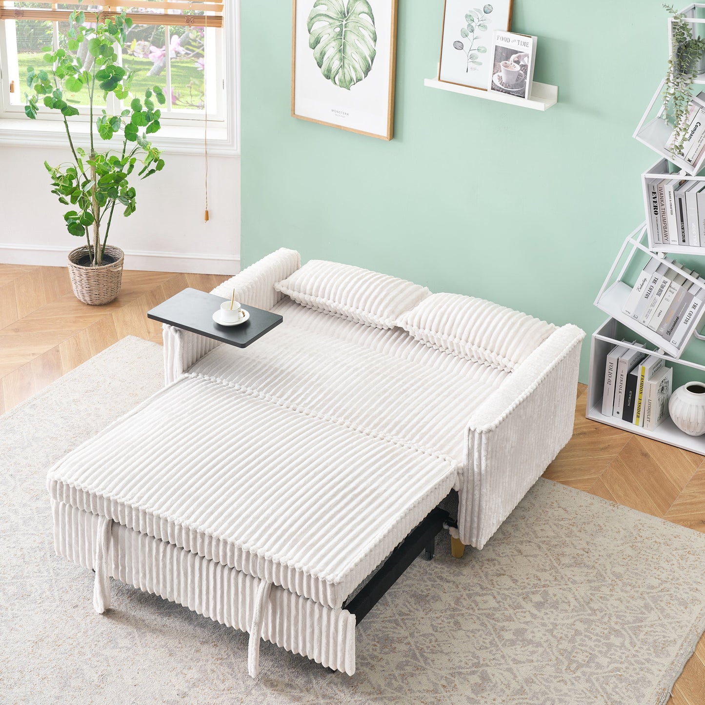 NEW Pull-out Push-in Beige Corduroy Sofa with Dual Functions Movable Tabletop and USB Ports