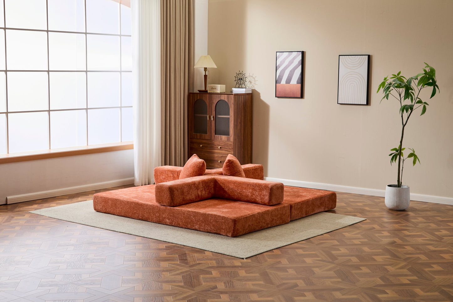 NEW Orange Chenille Fabric Comfy Futon Couch Lounge Sleeper Compression Convertible Floor Sofa Bed Couch with Pillow Back Support Armrest Bed