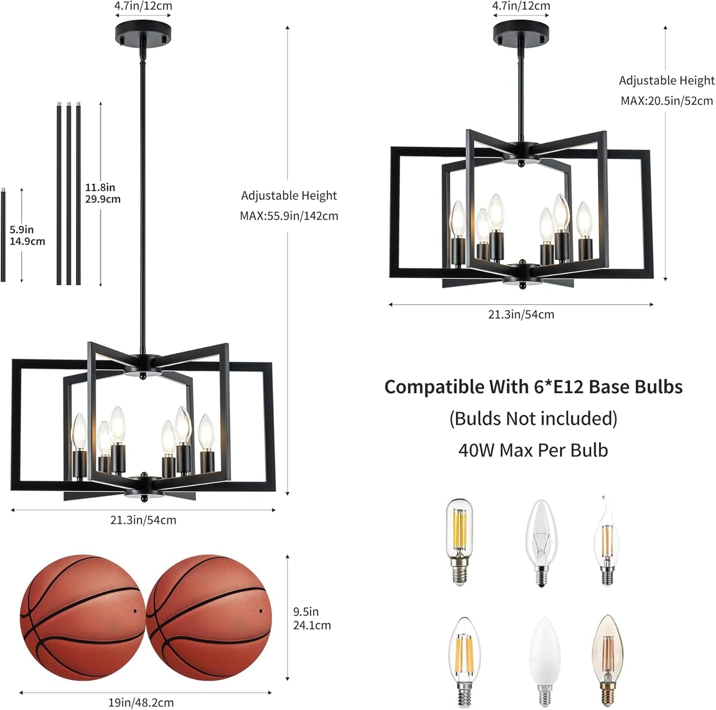 NEW Black 6 Light Adjustable Pendant Chandelier For Dining Room