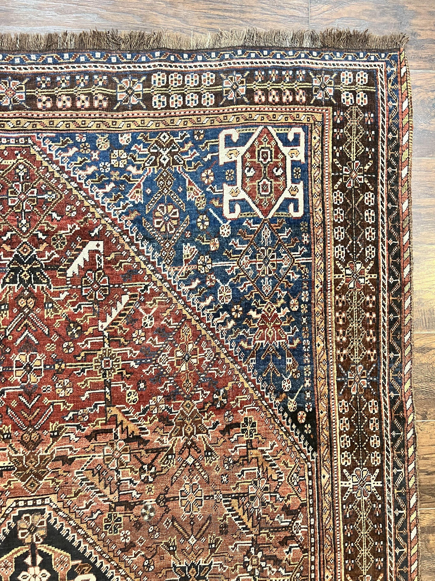 USED Antique Persian Shiraz Tribal Rug 6x8, Geometric Rug, Wool Handmade Hand Knotted Carpet, Red Blue