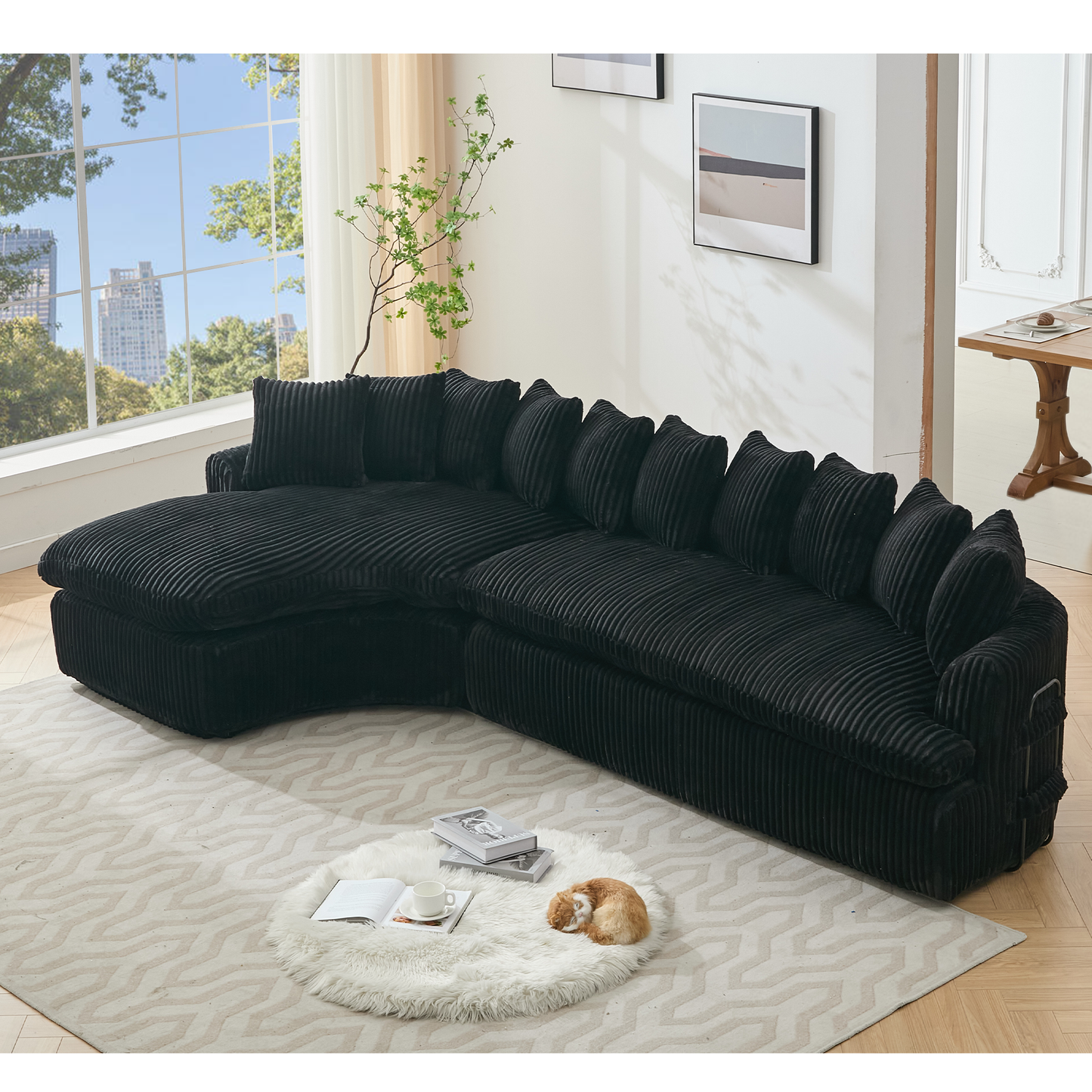 NEW 127''  Large Sectional Sofa ,Elegant Curved Design ,High-Resilience Foam ,Ten Back Cushions,L-Shape Left Sofa,No Assembly  Required , (Black-Soft Corduroy Fabric)