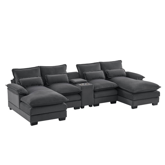 NEW Modern Gray Velvet Upholstered U-shaped 6-Seat Sofa with Console Cupholders and USB Ports