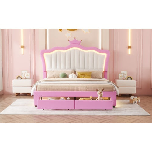 NEW Full Size Upholstered Bed Frame With LED Lights, Modern Upholstered Princess Bed With Crown Headboard, 2 Drawers