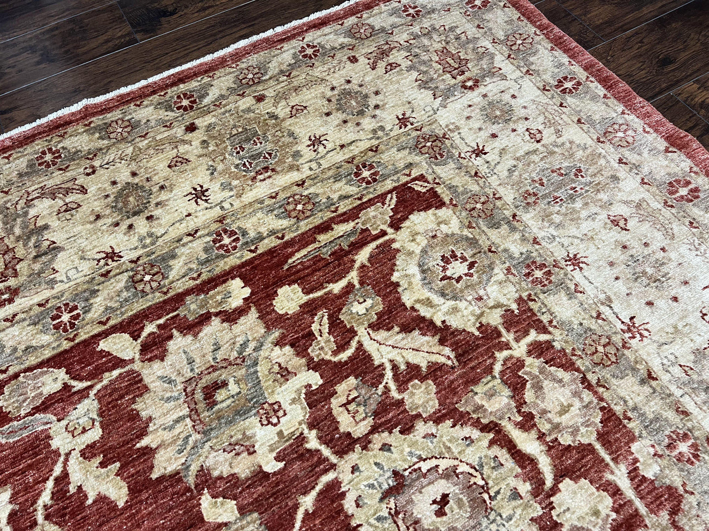 USED Pak Persian Rug 10x14, Sultanabad Mahal Peshawar Chobi Carpet, Large Vintage Wool Oriental Rug, Maroon & Beige, Floral Allover, Handmade