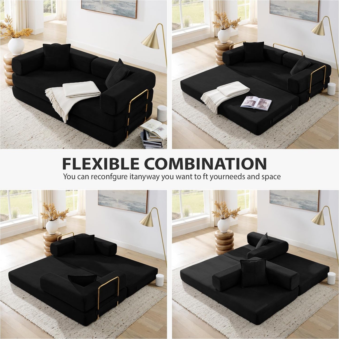NEW Corduroy 78 Inch Multifunctional Convertible Sofa Bed Black