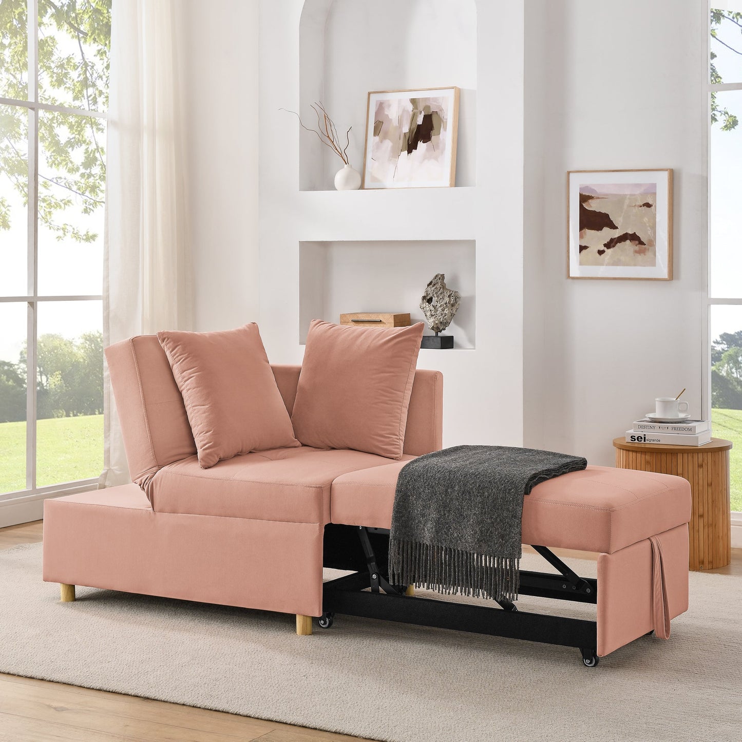 NEW Modern Linen Pink Fabric Convertible Sleeper Sofa Chair Adjustable Backrest Recliner with Pullout Couch Bed with Wheels