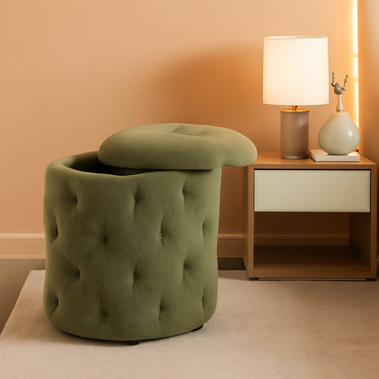 NEW Circular Moss Green Storage Ottoman Diamond Tufted