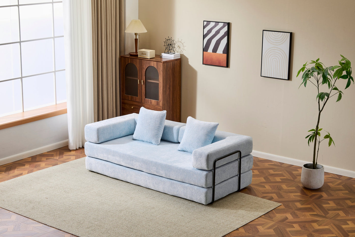 NEW Light Blue Chenille Fabric Floor Couch Compression Convertible Sofa Bed with Pillow Back Support Armrest Comfy Futon Couch Lounge Sleeper Bed