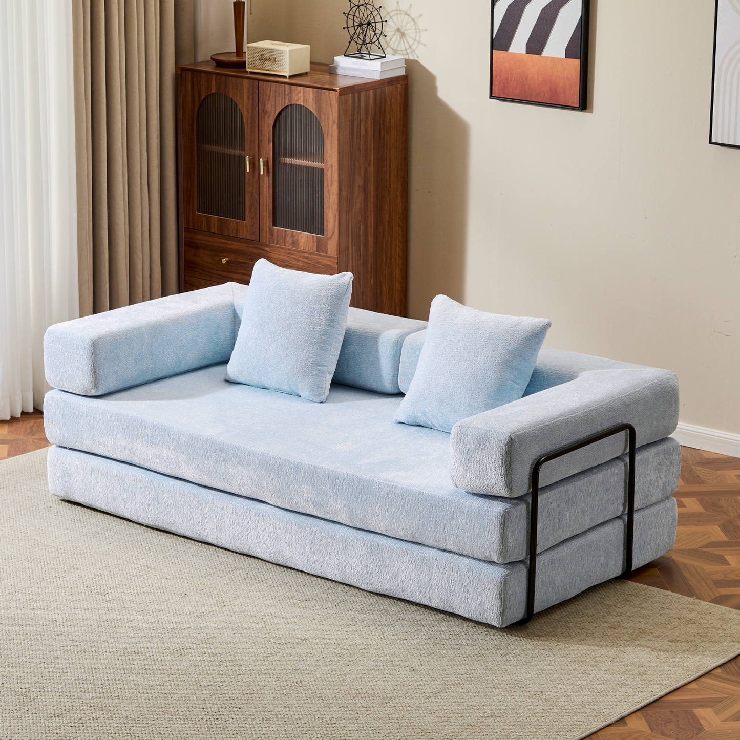 NEW Light Blue Chenille Fabric Floor Couch Compression Convertible Sofa Bed with Pillow Back Support Armrest Comfy Futon Couch Lounge Sleeper Bed