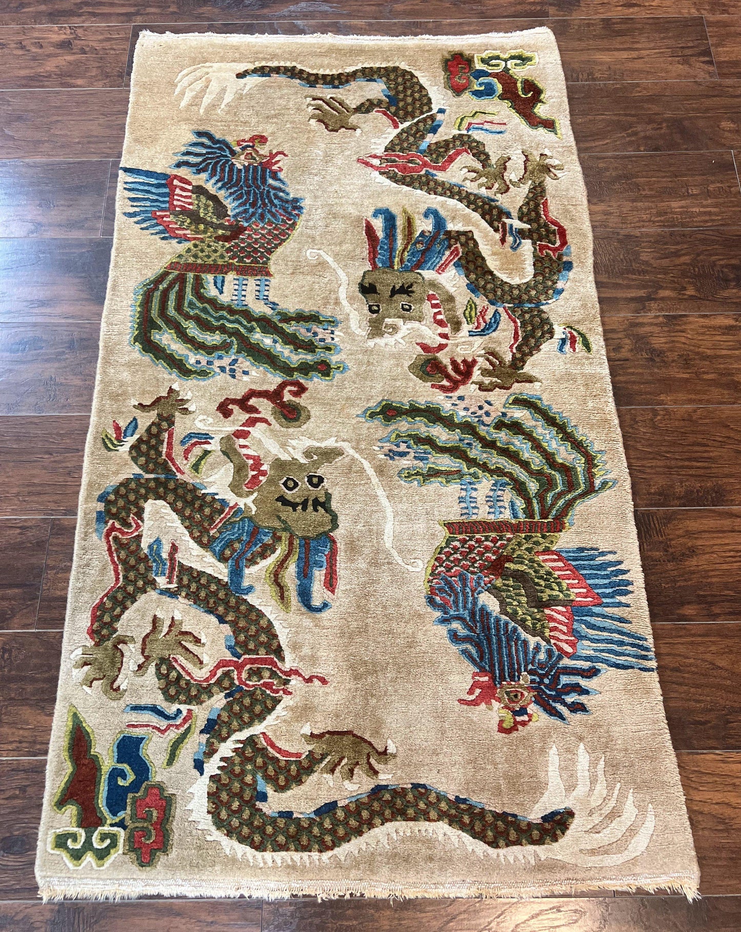 USED Antique Chinese Peking Rug 3 x 5.6, Dragon Motifs, Handmade Wool Asian Oriental Carpet
