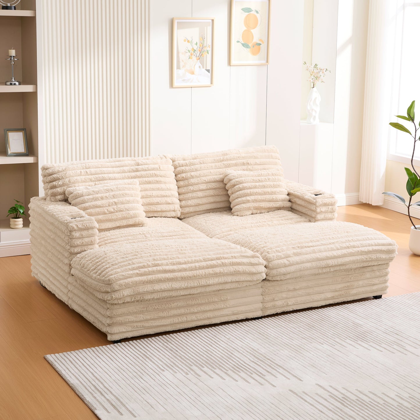 NEW Plush Champagne Faux Rabbit Fur Upholstered Oversized Double Chaise Lounge Sofa with USB Ports and Cup Holders