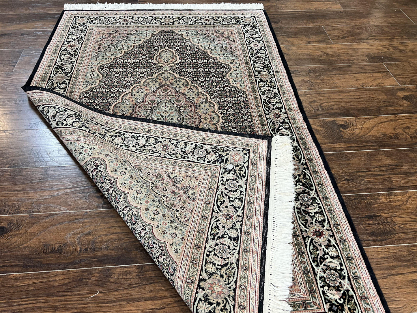 USED Sino Persian Rug 4x6, Fine Hand Knotted Carpet, Black, Wool, Vintage Rug 4 x 6, Herati Mahi, 300 KPSI