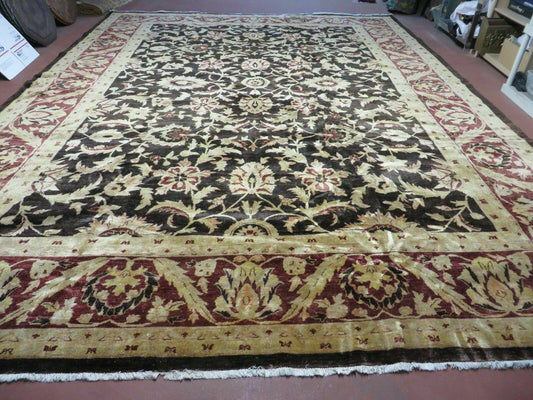 USED 11' X 15' Vintage Hand Knotted Indian Agra Wool Rug Hand Made Dark Brown Floral