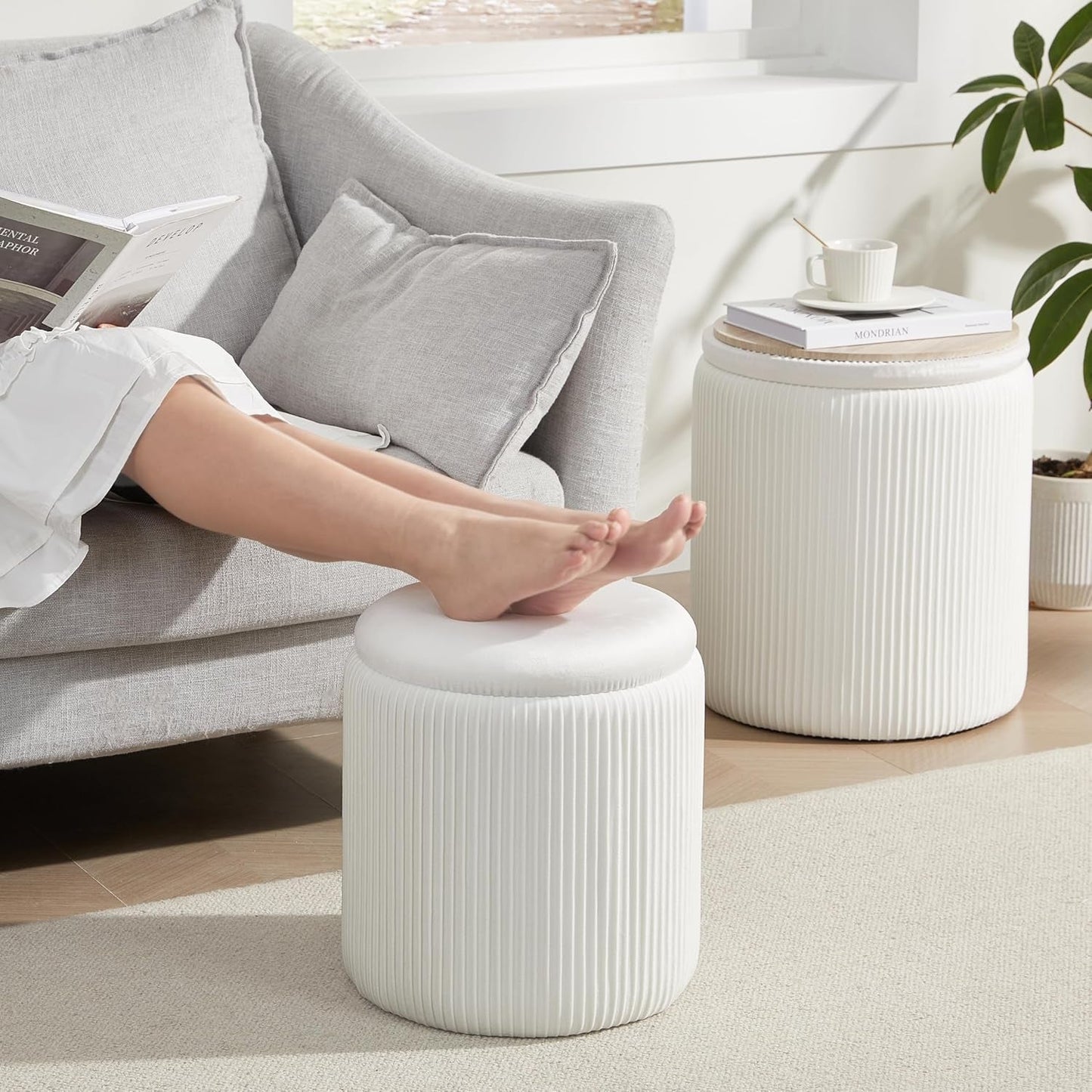 NEW Compact Round Velvet Storage Ottoman TwoPack White