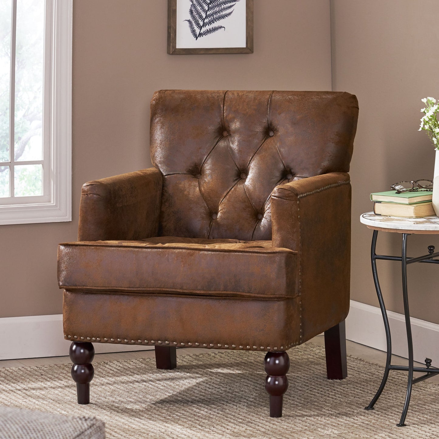 NEW Brown Vitality Club Chair with Button-tufted Diamond Stitching and Turned Legs