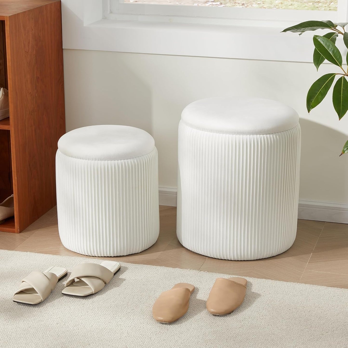NEW Compact Round Velvet Storage Ottoman TwoPack White