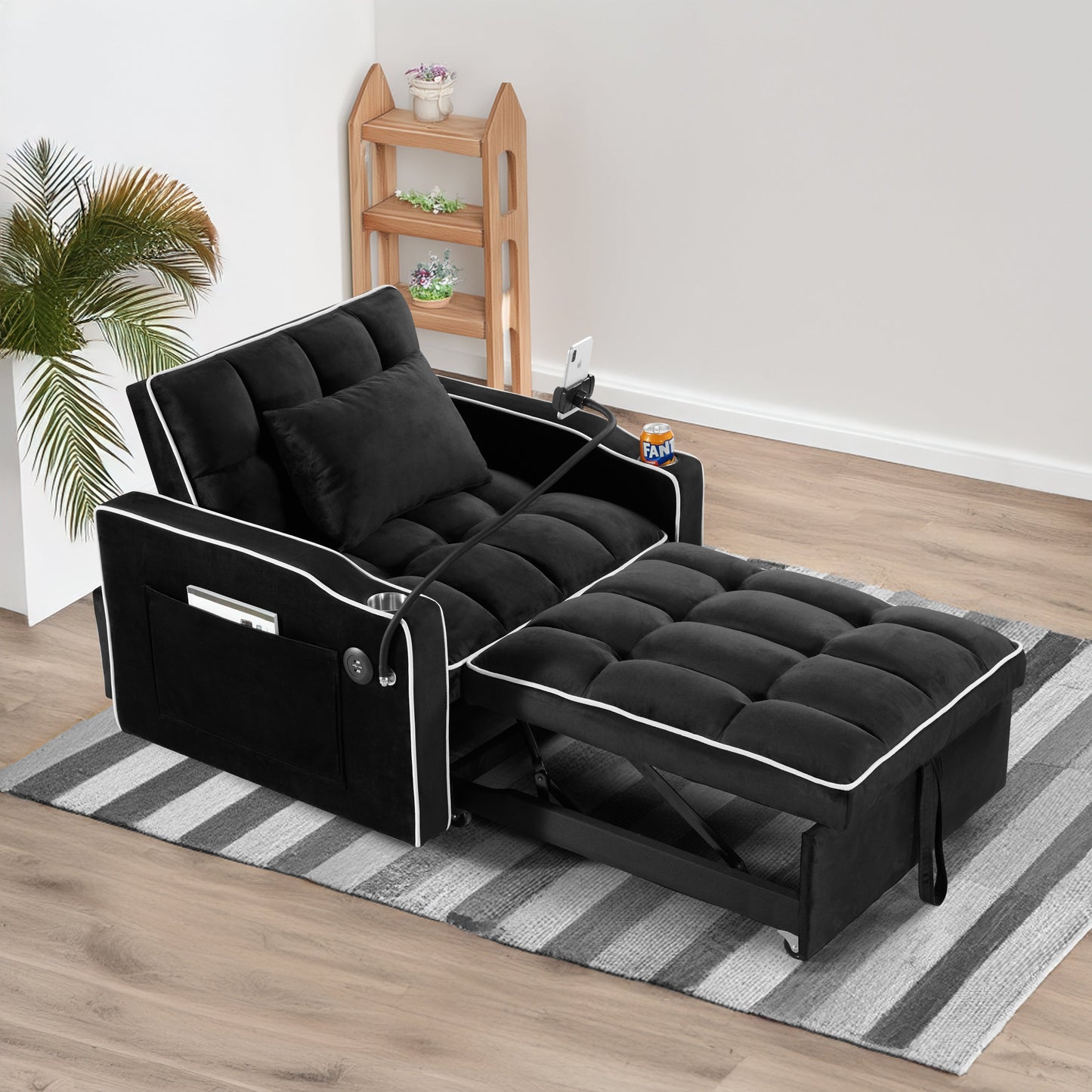 NEW Black Velvet Convertible Adjustable Sleeper Chair Pull Out Sofa Bed with Multi-Pockets