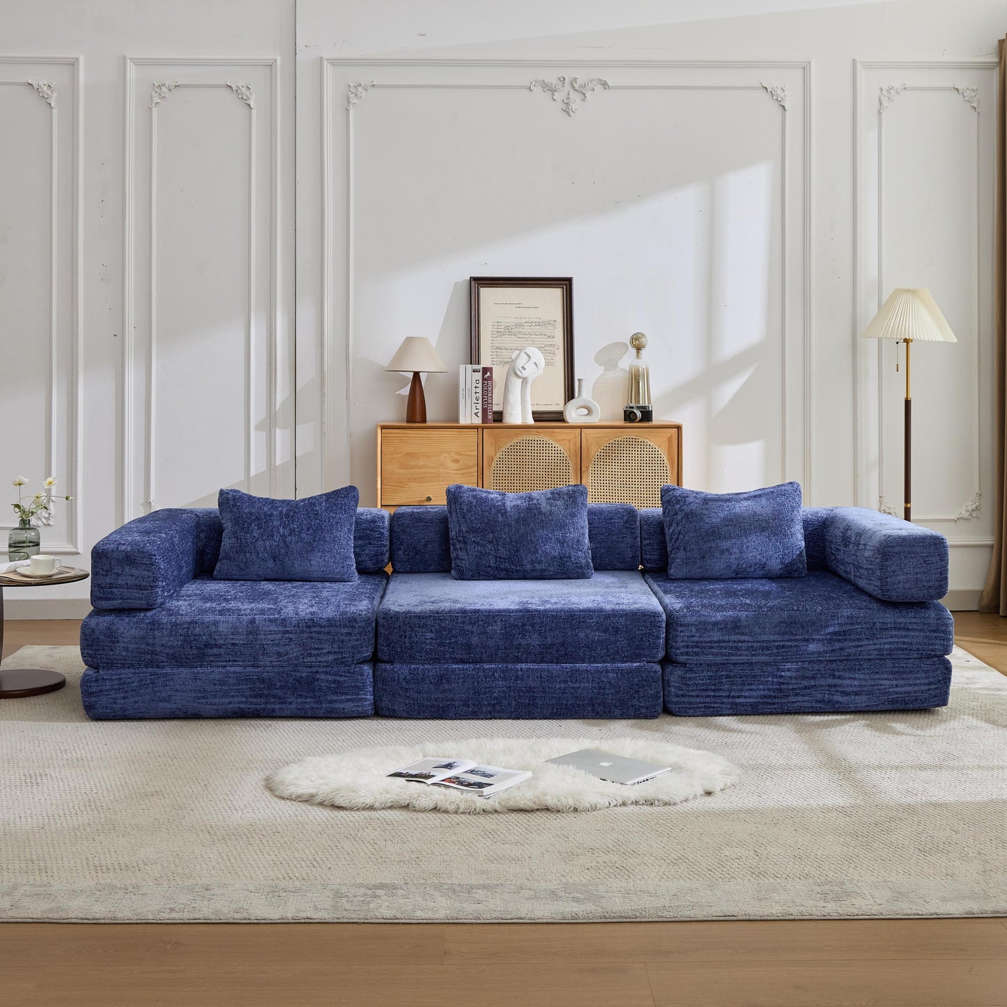 NEW Dark Blue Chenille Fabric Compression Convertible Floor Sofa Bed with Fixed-Shape Frame Boneless Modular Sectional Couch