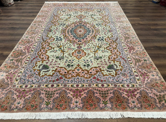 USED Wonderful Persian Tabriz Rug 7x10, Very Fine 330 KPSI, Light Green Light Blue Pink, Kork Wool Silk Foundation, Bird Pictorials