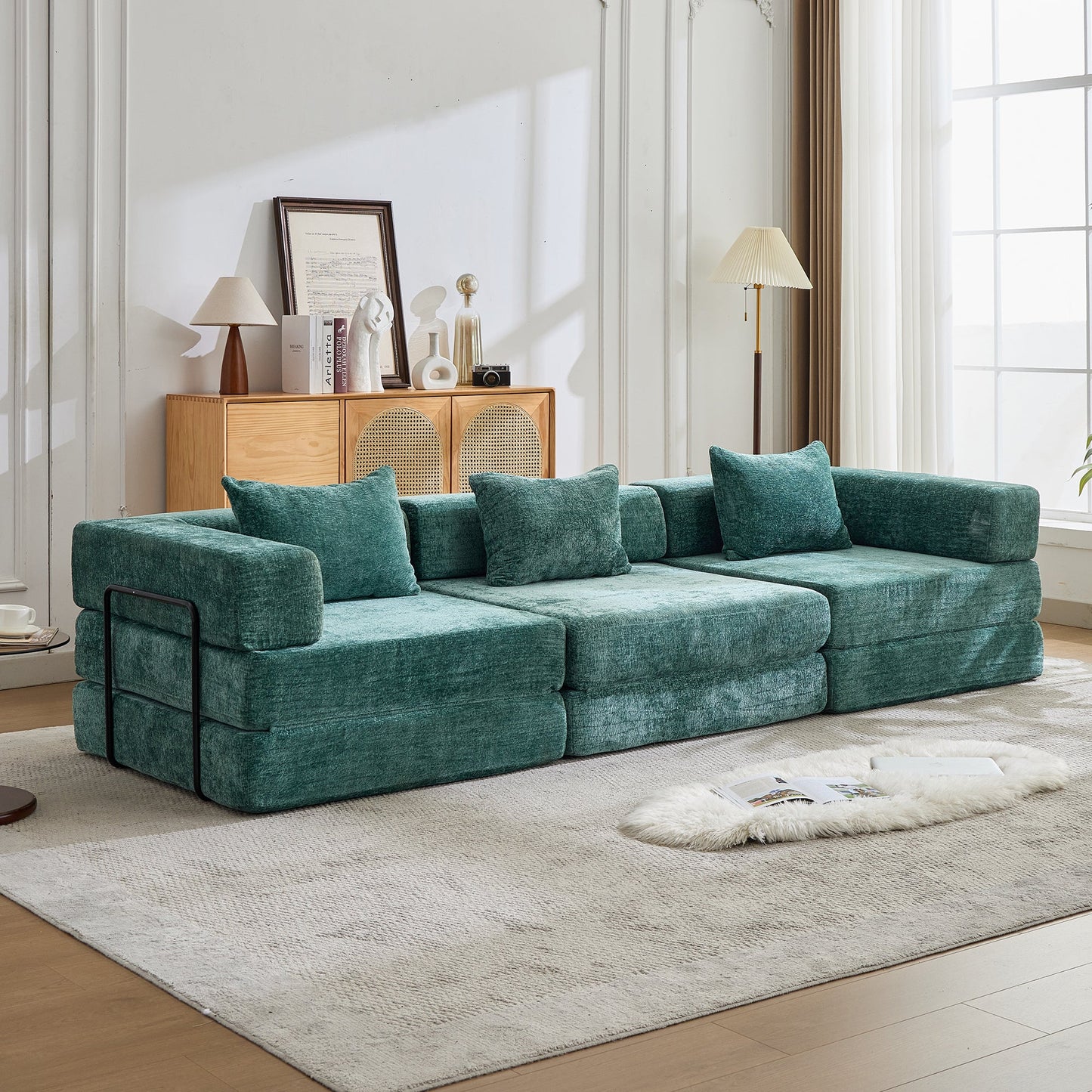 NEW Dark Green Chenille Fabric Compression Convertible Floor Sofa Bed