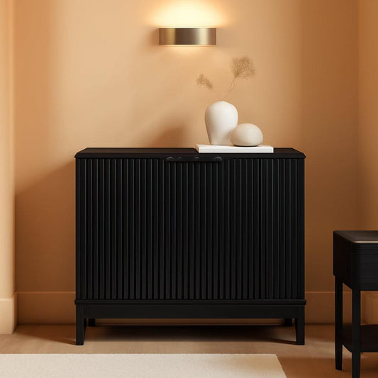 NEW Black Two Door Modern Entryway Storage Cabinet Reeded Doors
