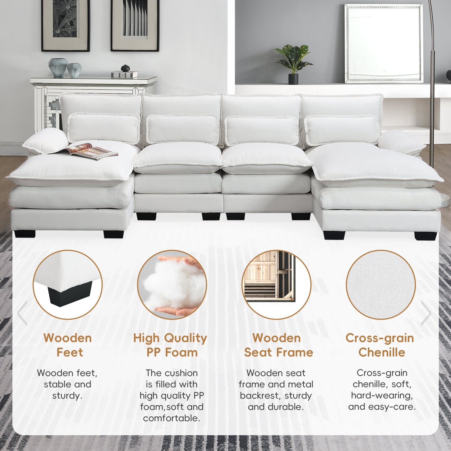 NEW Modern U-shaped Sectional Sofa with Waist Pillows, 6-Seat Upholstered Symmetrical Sofa Furniture, Sleeper Sofa Couch with Chaise Lounge, Chenille and Velvet Options