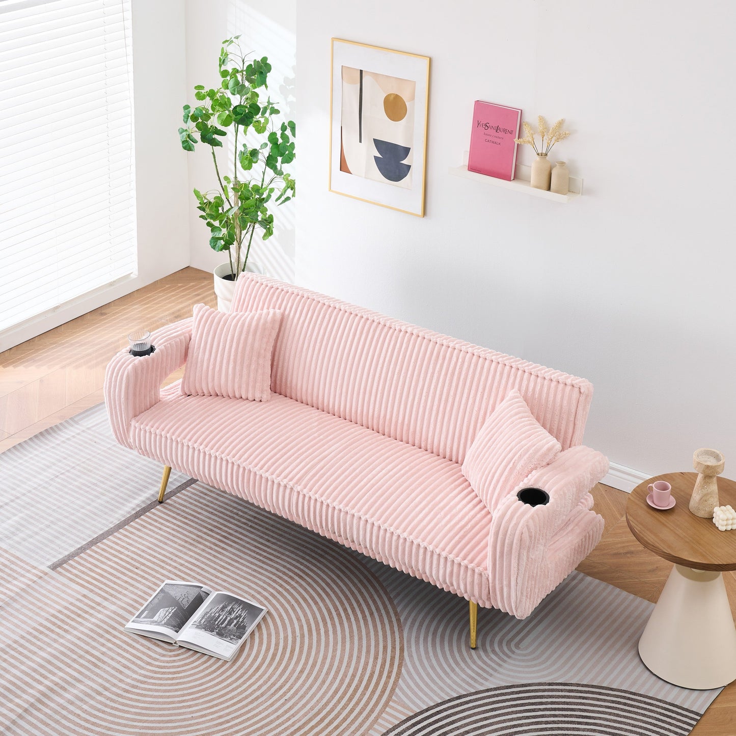 NEW 74 inch Straight Pink Corduroy Adjustable  Sofa Bed with Pillows