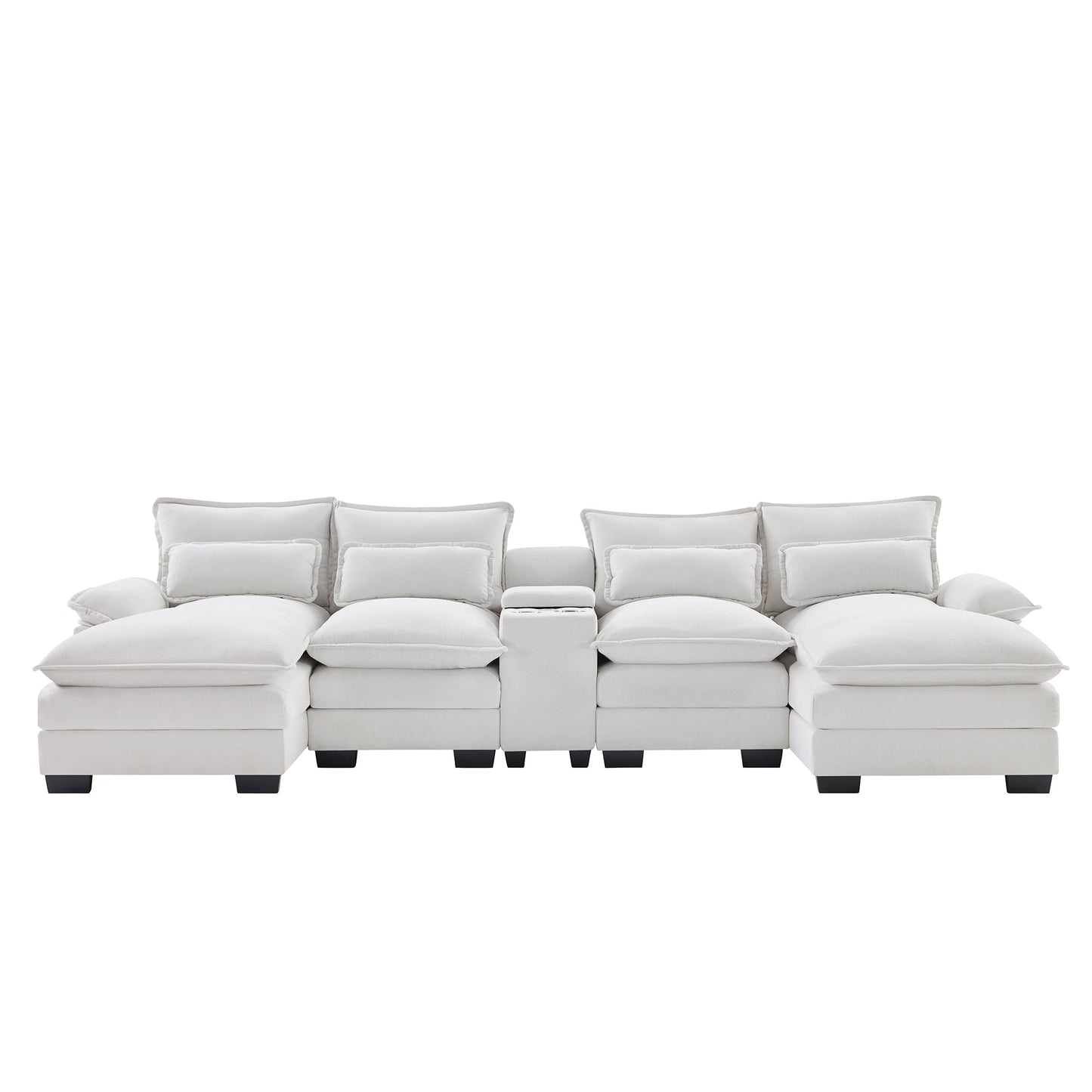 NEW Modern Chenille White 6-seat Upholstered U-shaped Sofa with Console Cupholders & USB Ports