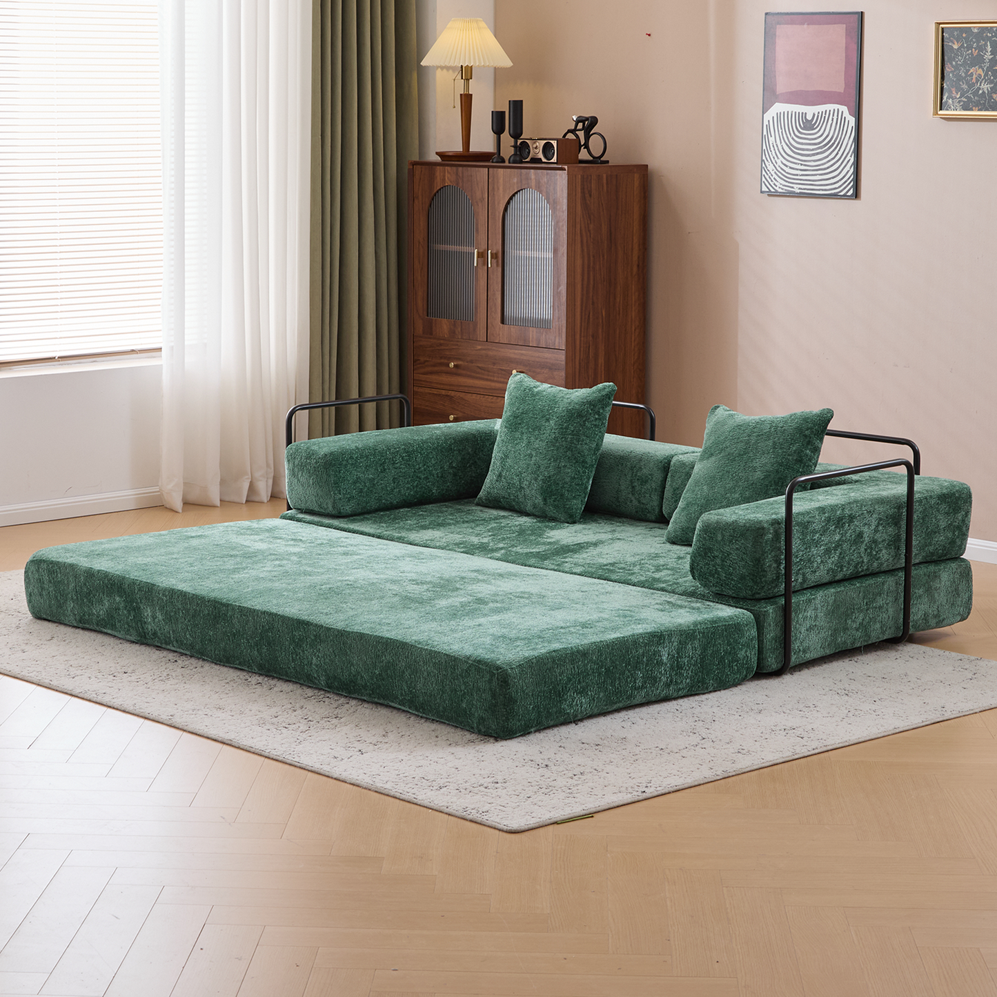 NEW Dark Green Chenille Fabric Floor Compression Convertible Sofa Bed
