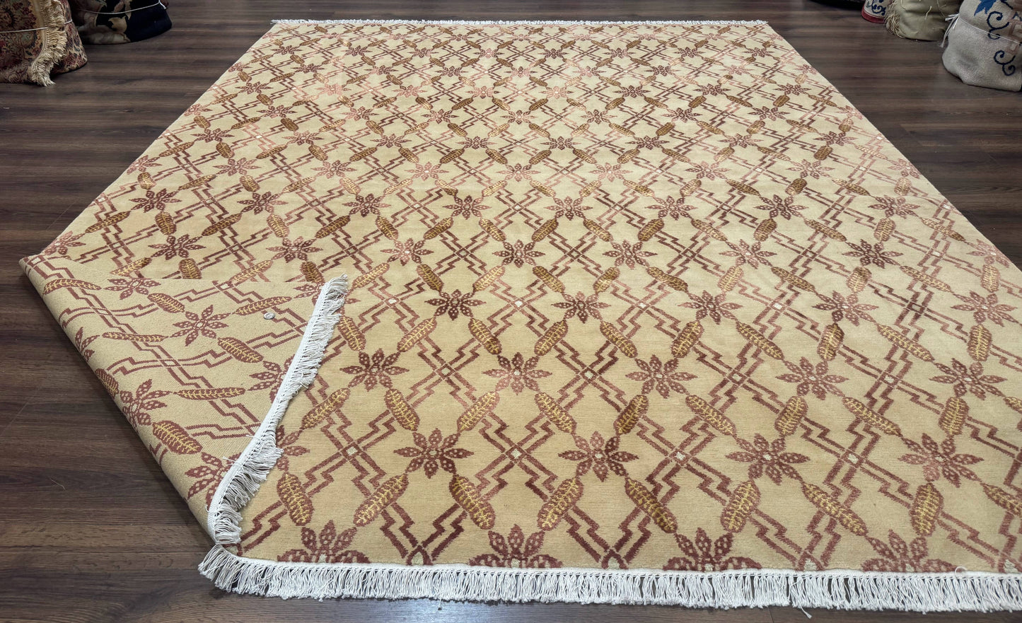 USED Tibetan Rug 8x10, Wool with Silk Highlights, Beige and Maroon, Contemporary Carpet