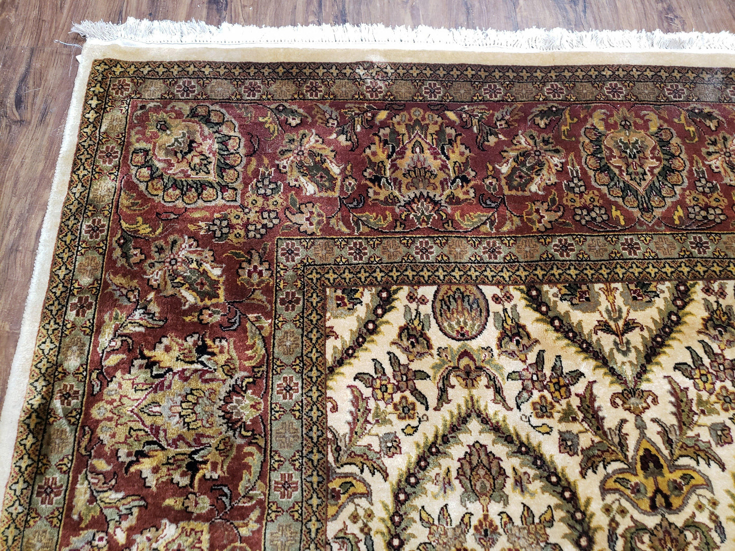 USED Vintage Indo Persian Area Rug 9x12, Wool Hand-Knotted Ivory & Dark Red Oriental Carpet, Fine Weave 9 x 12 Indian Rug, Dining Room Rug