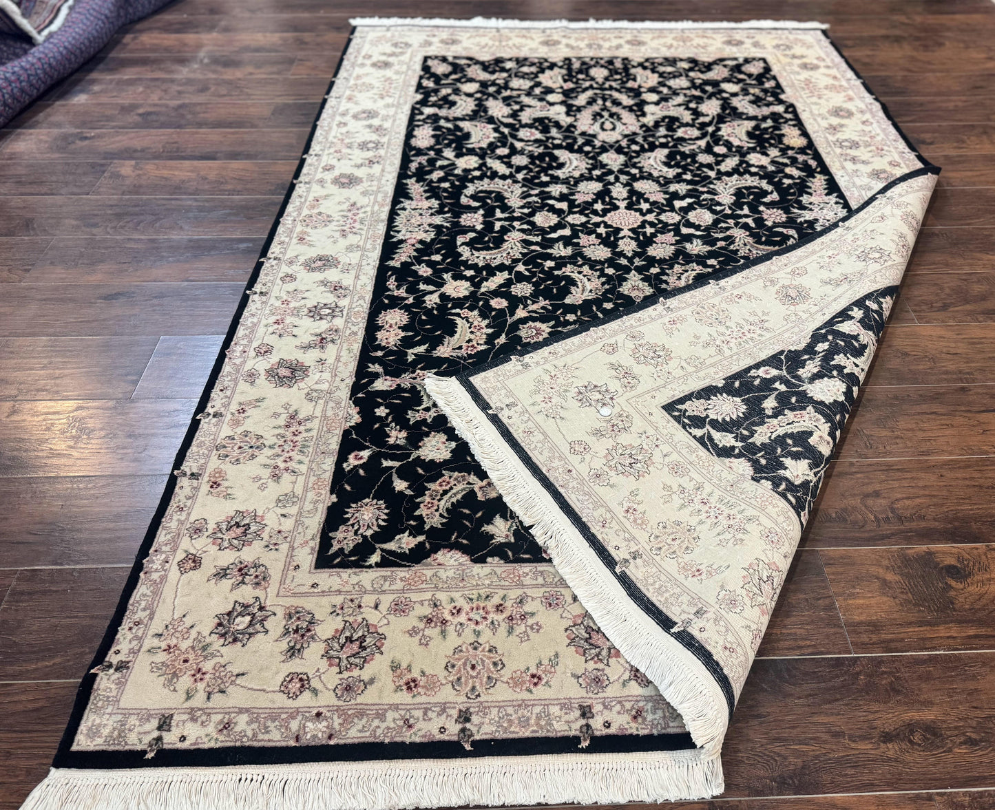 USED Sino Persian Rug 6x9, Black and Ivory, Wool and Silk Highlights, Handmade