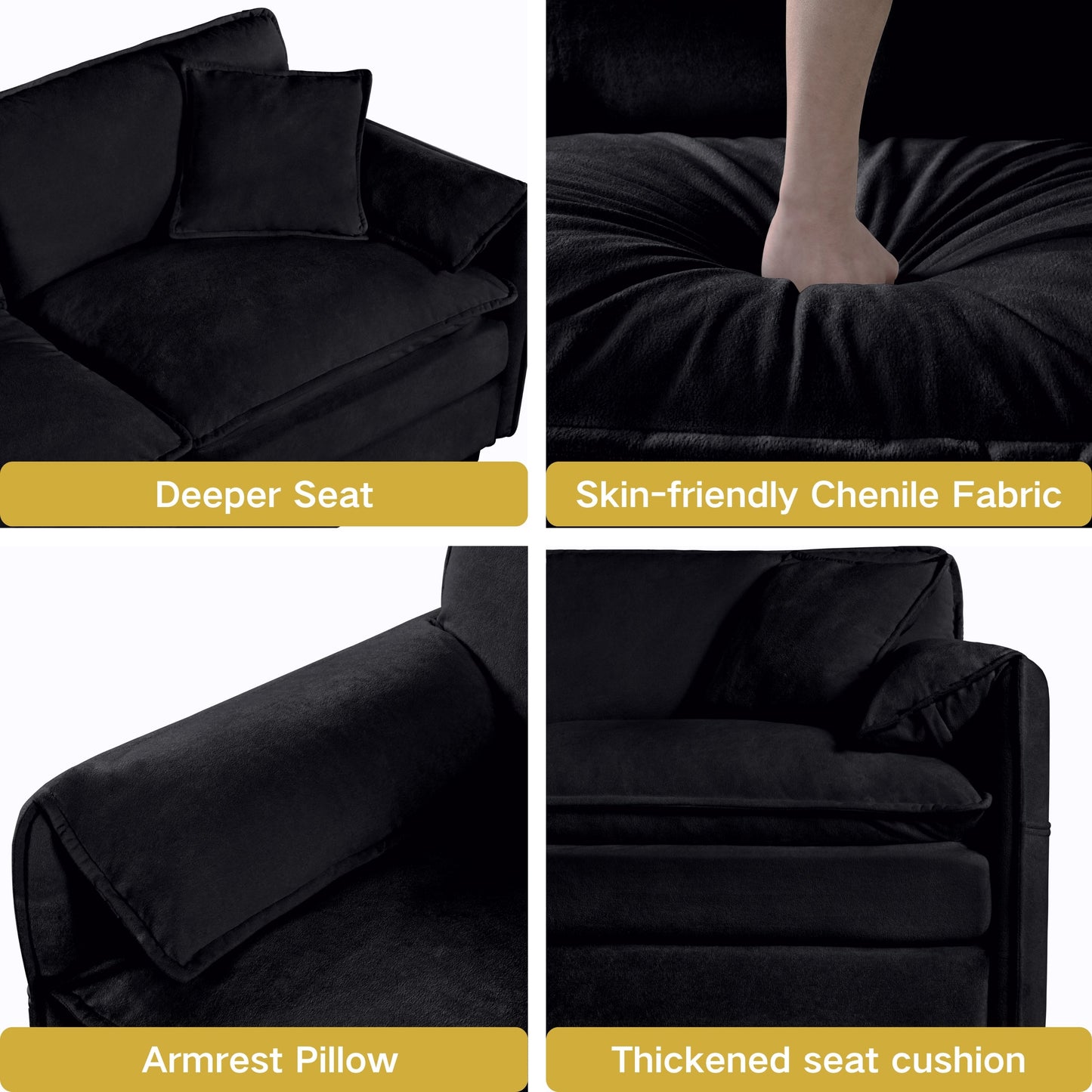 NEW Modern Chenille Deep Seat Sectional Sofa Cloud Couch with Ottoman, Comfy Love Seat Upholstered Modular L Shaped Couch, Black