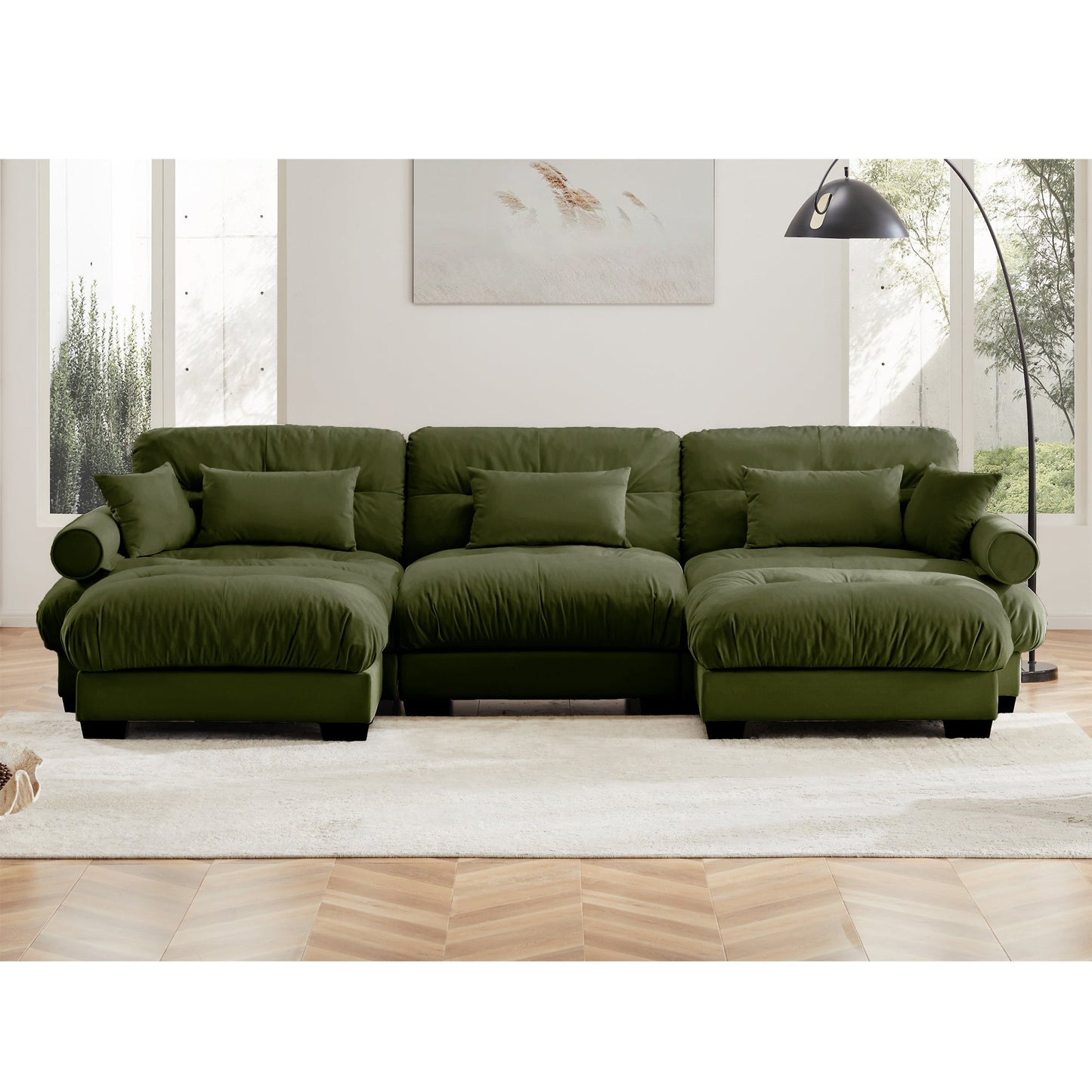 NEW Olive Green Velvet Upholstered U Shape Modular Sectional Sofa Couch with Movable Ottomans