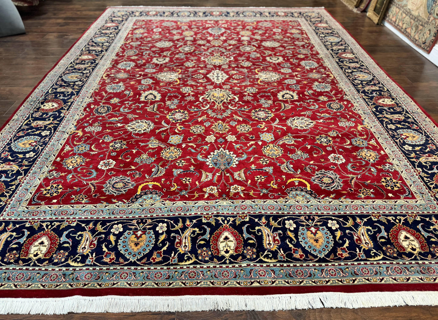 USED Pak Persian Rug 9x12, Red and Navy Blue, Floral Allover, Hand Knotted Vintage Wool Carpet, Fine 260 KPSI