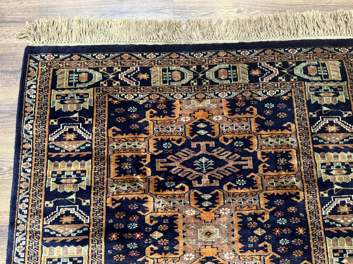 USED Vintage Afghan Rug 4x6, Navy Blue and Light Brown, Geometric Medallions, Wool on Wool, Tribal Rug