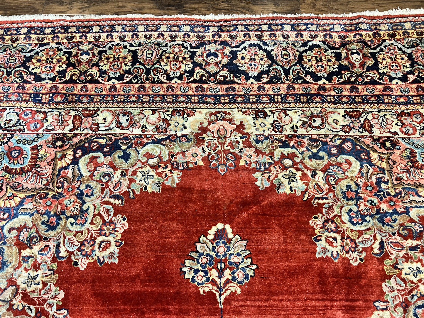 USED Persian Sarouk Rug 11x14, Semi Open Field, Large Antique Persian Wool Handmade Carpet, Red and Dark Blue, Floral