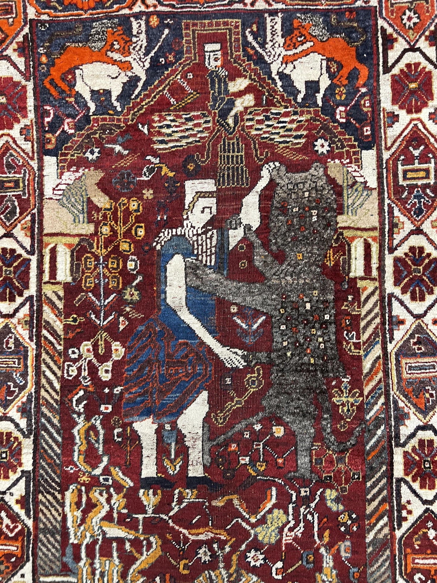 USED Antique Persian Shiraz Pictorial Rug 3.6 x 5, Persian Tribal Rug, Handmade, Lions, Highly Unique Collectible Small Persian Carpet, Maroon, Wool