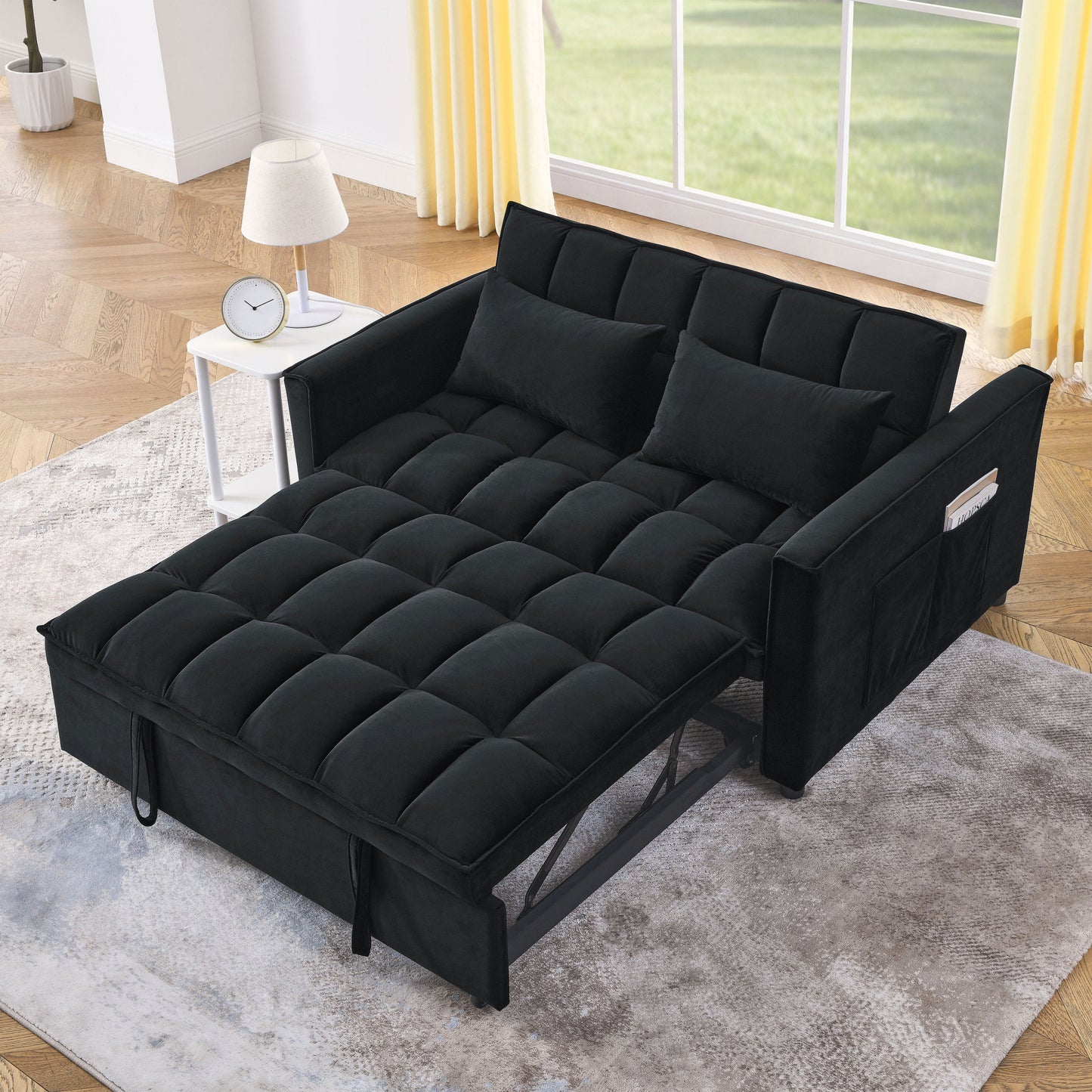 NEW Velvet Black Sleeper Convertible Sofa Recliner Bed 3-in-1 Adjustable Backrest 2-Seater
