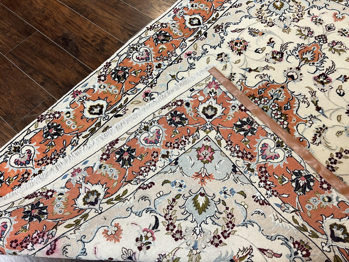 USED Persian Tabriz Rug 4.5  x 6.8, Finely Hand Knotted Wool with Silk Highlights Vintage Oriental Carpet, Cream and Salmon, High KPSI, Floral Medallion