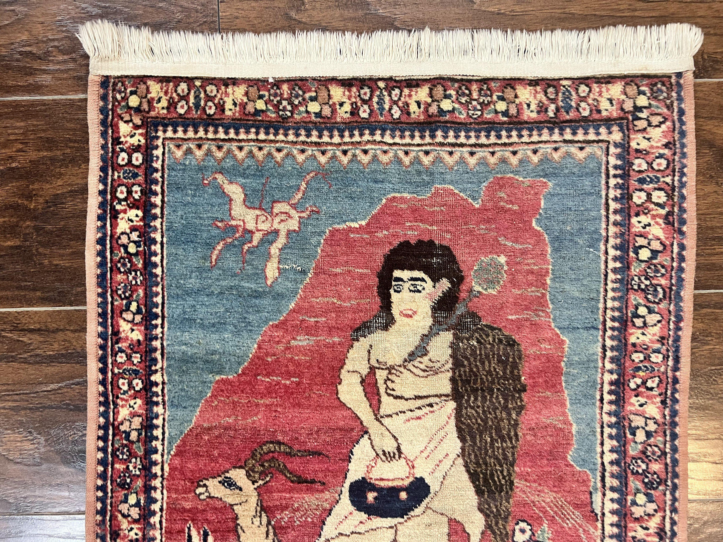 USED Antique Persian Kirman Rug 2 x 2.5, Small Hand Knotted Wool Carpet, Lavar Rug, Shepherd with Ram Pictorial Rug #1