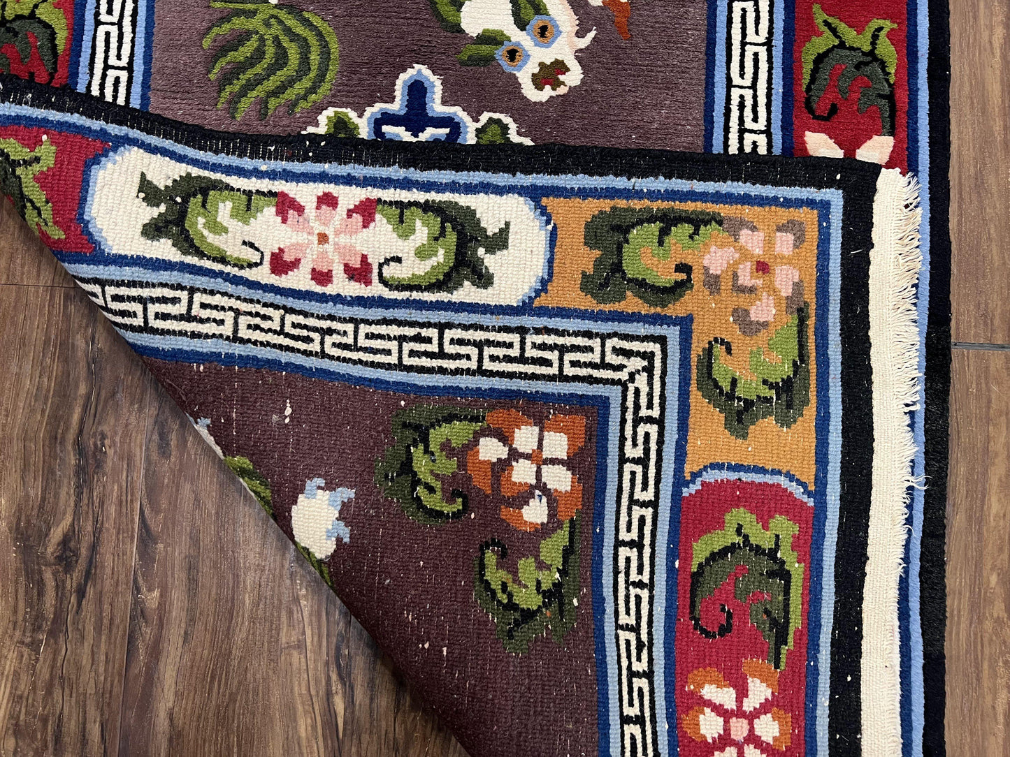 USED Chinese Art Deco Rug 3 x 5.5 with Animal Pictorials, Vintage Chinese Peking Wool Area Rug, Dark Puce Maroon Ivory, Hand Knotted Soft Carpet