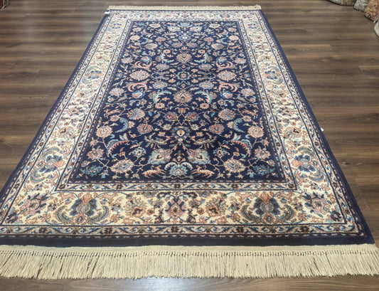 USED Karastan Rug #747, Indigo Tabriz 5.9 x 9, Wool Carpet Original 700 Series, Vintage Area Rug Allover Floral, Discontinued, Navy Blue Ivory