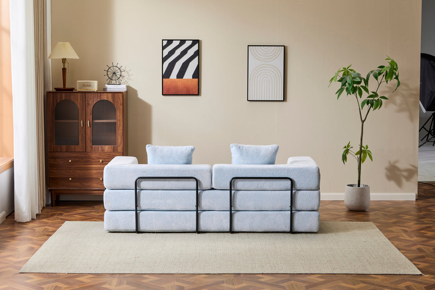 NEW Light Blue Chenille Fabric Floor Couch Compression Convertible Sofa Bed with Pillow Back Support Armrest Comfy Futon Couch Lounge Sleeper Bed